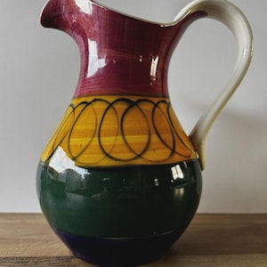 May include: A ceramic pitcher featuring a glossy finish with horizontal bands of color. The top section is deep red, the middle is yellow with black circular line patterns, and the bottom is dark green and blue. It has a white curved handle.