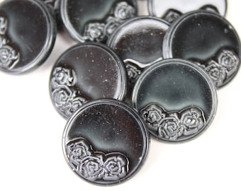 Black Crafting Buttons Textured Roses, 11/16 inch Round Plastic, Retro Shank Back Coat, Sewing Craft Jewelry, Lot of 10