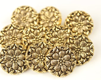 Gold Flower Crafting Buttons, Vintage Plastic for Craft Sewing Jewelry Button Lot, 5/8 inch, Lot of 10