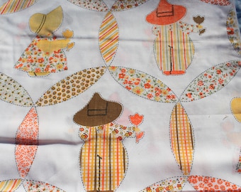 1970s Green Vintage Holly Hobbie Style 44in wide Sold by the yard Faux Patchwork Gold and Burnt Orange on Ecru