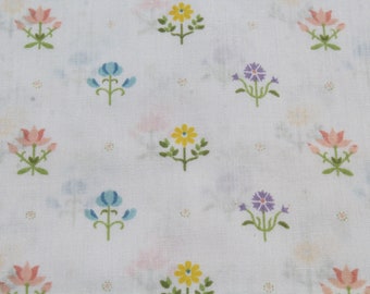 Small Pastel Floral Print Lightweight Semi Sheer Cotton Fabric, Baby Blue Pink Yellow Green on White, Doll or Girl Dress Sewing