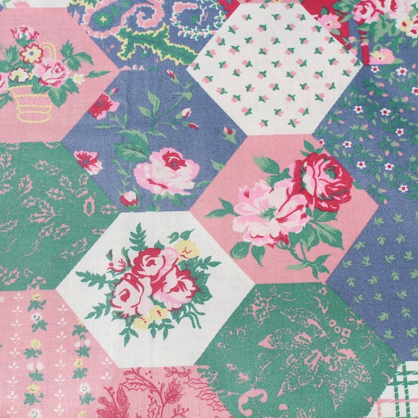 Small Floral Print Patchwork Polished Cotton Fabric by the Yard, Pink Roses, Blue Green, Faux Cheaters Quilt Backing, Sewing Crafting