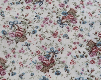 Small Print Flower Basket Cotton Fabric by the HALF Yard, Dusty Pink & Blue Roses on Cream Floral Print Girl Dress Quilting Sewing Peter Pan