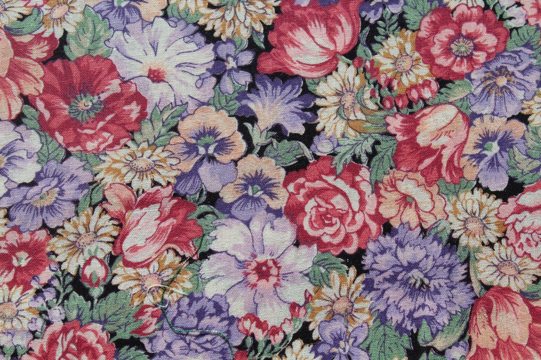 Pink Purple Green Floral Print Cotton Fabric by the Yard - Rose