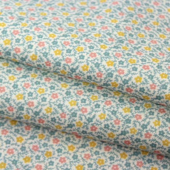 Ditsy Floral Fabric by the Yard, Vintage Style Blue Yellow Pink Cotton, Low Volume Quilting, Franny's Flowers