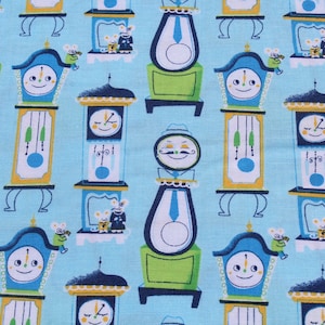 May include: A blue and green fabric with a repeating pattern of clocks. The clocks have different faces, some with a mustache and a hat, and some with a smiling face. There are also small figures of mice on the fabric.