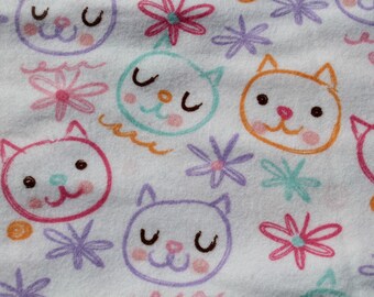 Pastel Cat Faces Cotton Flannel Fabric, Kids Quilting Sewing Material