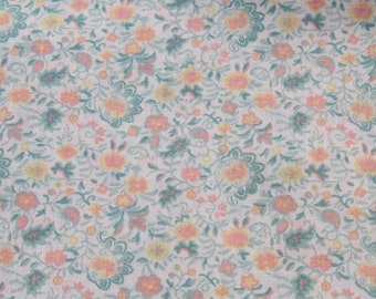 Vintage Small Pink Peach & Green Floral Print Fabric on Cream, Lightweight, Flower Doll Dress Sewing