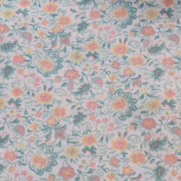 Vintage Small Pink Peach & Green Floral Print Fabric on Cream, Lightweight, Flower Doll Dress Sewing