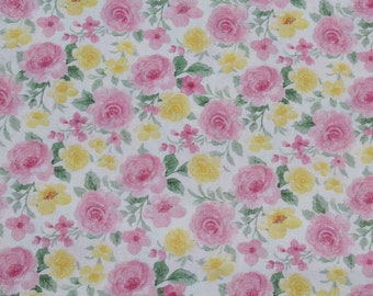 Pastel Pink& Butter Yellow Rose Cotton Fabric by the Yard, Charming Cottage Vintage Look for Doll or Summer Girl Dress