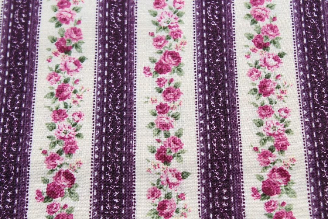 Pink Roses on Cream Fabric: Violet Purple Stripe Border, Shabby Chic ...