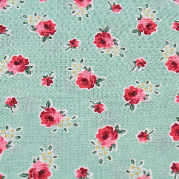 Vintage Fabric - Small Red Rose Print on Mint Green Cotton by the Yard