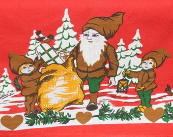 50s Swedish Christmas Table Cloth Old Fashioned with gnomes, God Jul, Vintage Scandinavian Kitchen Holiday Decoration Home Decor