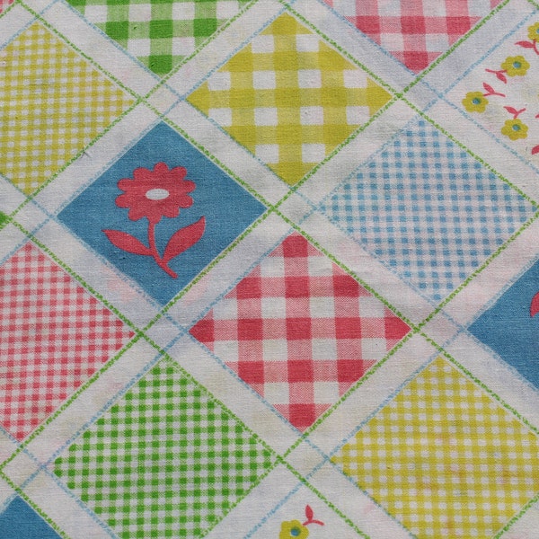 Pastel Patchwork Cotton Fabric, Pink Blue Yellow White, Gingham Diamond & Floral Print, Faux Cheaters Quilt Material Doll Dress