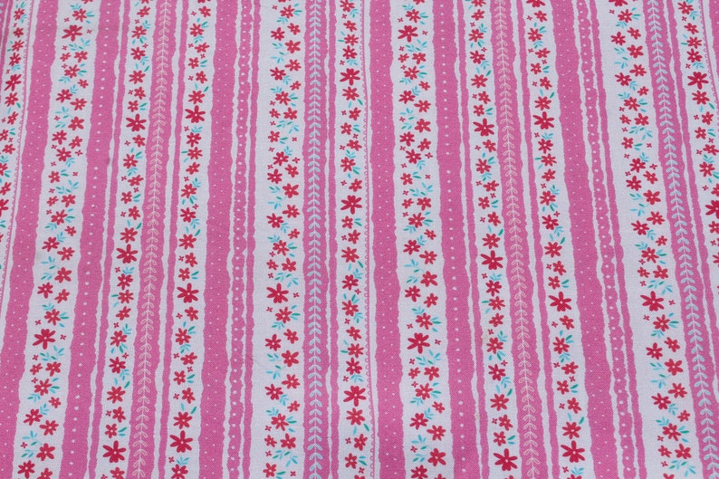 Hot Pink Small Floral Striped Border Print 100% Cotton Fabric by the Yard for Quilting, Sewing Summer Girl Dress image 4