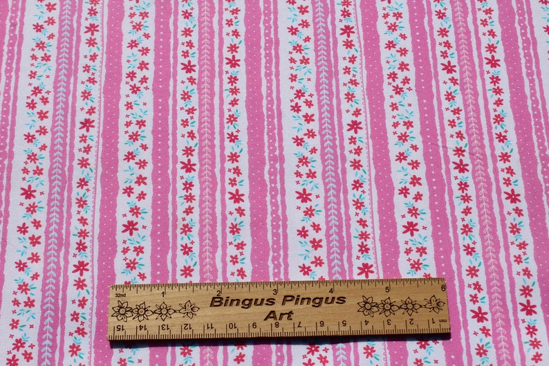 Hot Pink Small Floral Striped Border Print 100% Cotton Fabric by the Yard for Quilting, Sewing Summer Girl Dress image 2