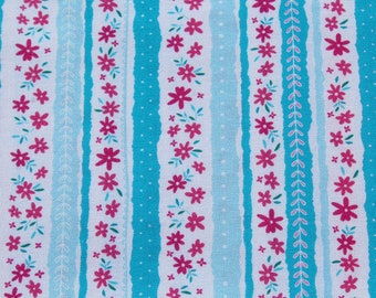 Hot Pink & Turquoise Blue Small Floral Striped Border Print 100% Cotton Fabric by the Yard for Quilting, Sewing Summer Girl Dress