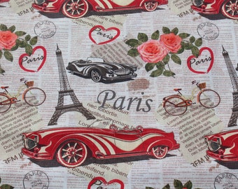 Red Sports Car, French Eiffel Tower & Pink Roses 100% Cotton Fabric  by the Yard