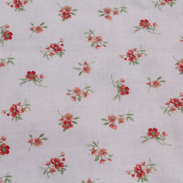 Sweet Blush Rose Small Floral Print 100% Cotton Fabric by the Yard, Coral Flowers on Pale Pink, Charming Cottage Farmhouse Style