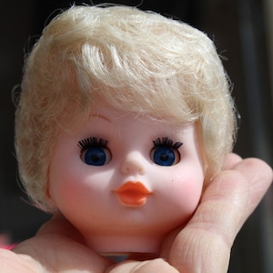 Vintage Plastic Doll Head, Blond Hair, Blue Eyes, Craft Supply