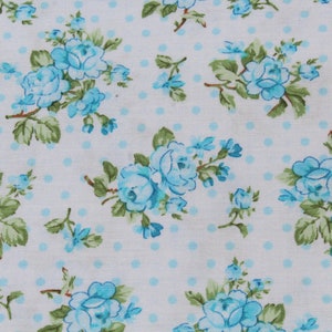 Turquoise Blue Rose Whispers Floral Print 100% Vintage Style Cotton Fabric by the Yard