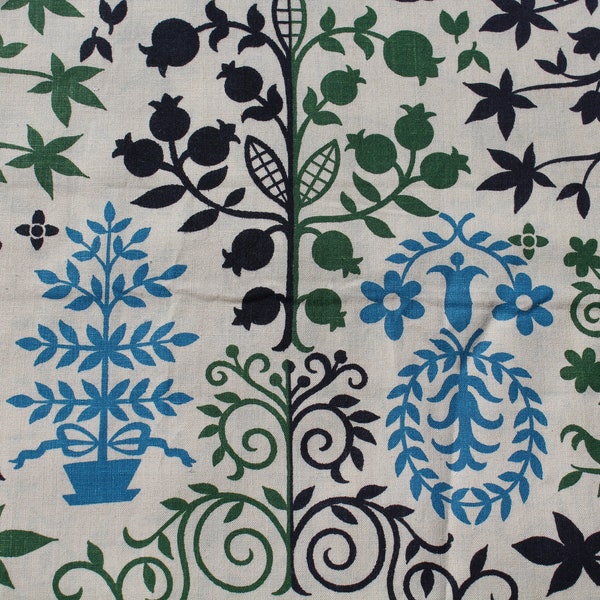 Scandinavian Bird / Tree Cotton Fabric, Swedish Blue Green Black on Beige, Pennsylvania Dutch, Lightweight Sewing Material, 37 inch wide