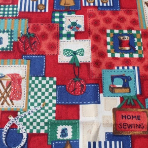 Seamstress Print patchwork Cotton Fabric with Buttons, Thimbles, Sewing Machine