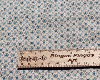 Small Blue Geometric Floral Print Cotton Fabric on Beige, Doll Dress Quilting Sewing Material