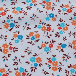 Coral Turquoise Blue Petite Floral Print on White 100% Cotton Fabric by the Yard
