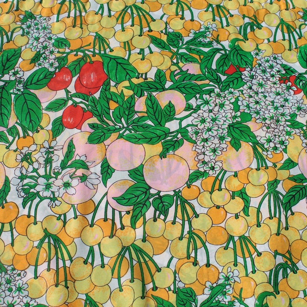 Retro Knit Nylon Fabric with a Fuit and Berry Print in Bright Green Yellow and Red colors by the Yard