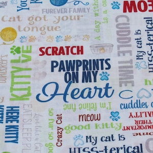 Kitty City Word 100% Cotton Fabric by the yard, Cat Lover, Shelter Rescue, Heart Pawprints Andi Metz Benartex C12468