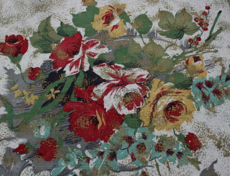 Vintage Barkcloth Fabric by the Yard Red Green Blue Gold Rose Etsy