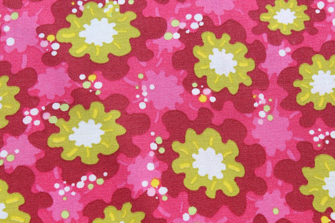 Lime Green Floral Print Cotton Fabric on Hot Pink by the Yard Etsy