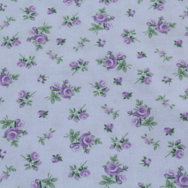Lavender Purple Rose Small Floral print 100% Cotton Fabric by the yard, Charming Cottage vintage style