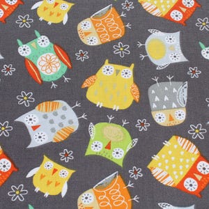 以下が含まれることがあります： グレーの生地に、カラフルなフクロウが繰り返し描かれたパターンがあります。フクロウは様々なポーズをとっており、デザインも様々です。フクロウの中には、黄色、オレンジ、赤のアクセントが付いているものもあれば、緑、青、白のアクセントが付いているものもあります。