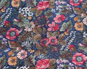 Floral Cotton Fabric by the Yard - Red Poppy Flower on Blue