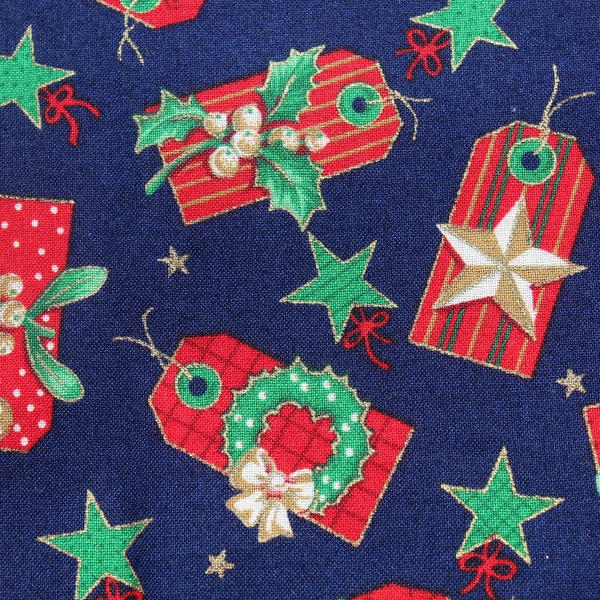 Christmas Gift Tag Cotton Fabric, Colorful Blue Red Green Gold, Holiday Quilting Sewing Stocking Material