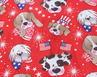 May include: Red fabric with a repeating pattern of cartoon dogs wearing patriotic red, white, and blue accessories. The dogs are surrounded by white stars and fireworks.