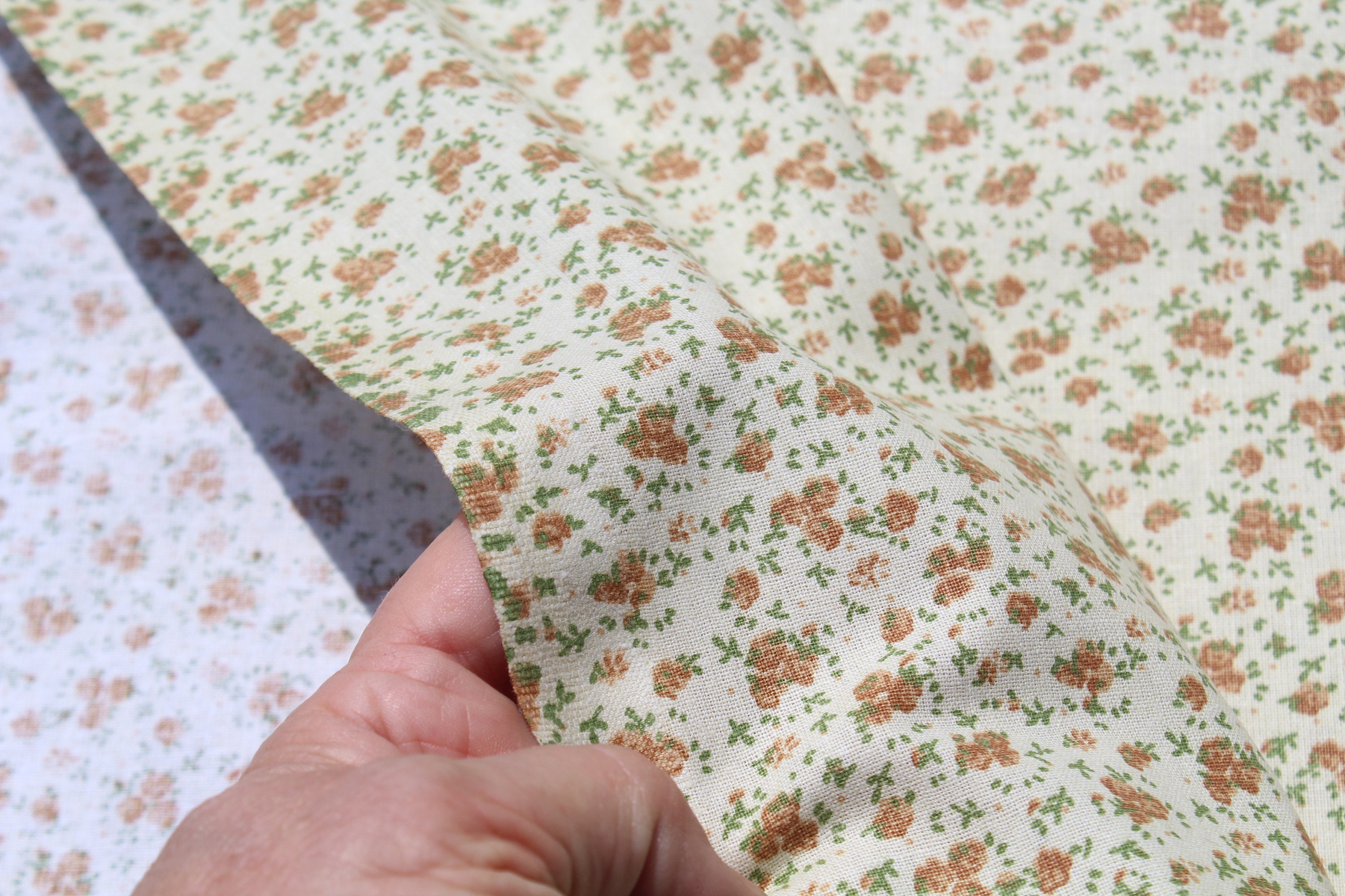 Small Print 100% Cotton Fabric by the Yard Mustard Brown on pale Yellow Country Calico for Doll Girl Dress Sewing Quilting