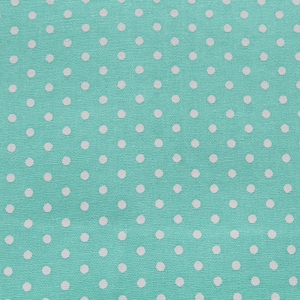 May include: A turquoise fabric with a white polka dot pattern.