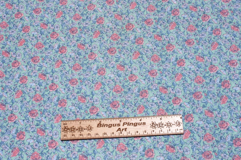 Floral Doll Dress Sewing Quilting Fabric Vintage Pink Purple Small Flowers on Mint Green Cotton Fabric By the Yard