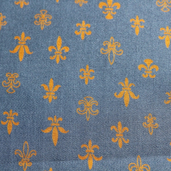 Small Print Fleur Du Lys Soft Polished Cotton Fabric, Mustard Yellow on Blue, Blouse Dress Skirt Sewing