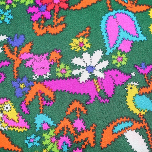 Retro 70s Hot Pink Orange & Green Fabric by the Yard - Owls Weiner Dogs Frogs - Mod Hippie Dress Blouse Skirt