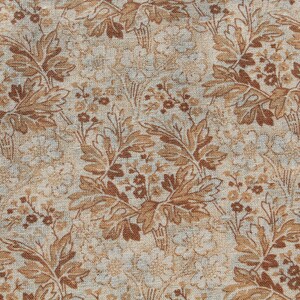 May include: A beige fabric with a brown floral pattern. The pattern features leaves and small flowers.