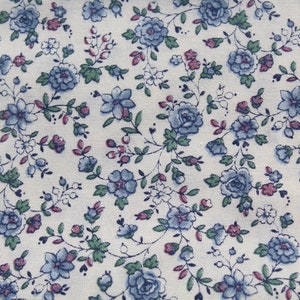 Small Print Blue Rose Print Cotton Fabric by the yard, Floral Purple Flower on White with green leaves, Quilting Sewing Doll Dress Material