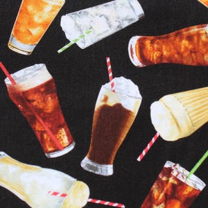 May include: A repeating pattern of various fizzy drinks with straws on a black background. The drinks include cola, root beer floats, and other beverages, with whipped cream and ice.