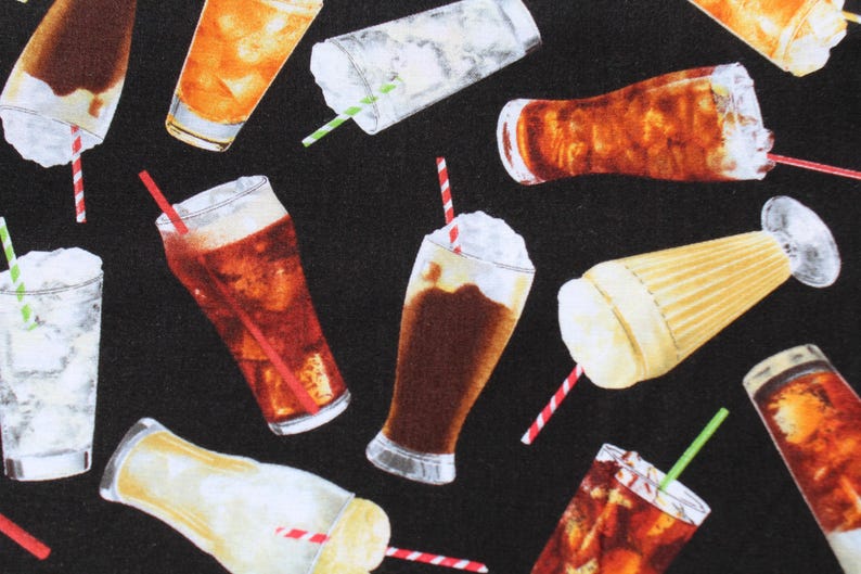 May include: A repeating pattern of various fizzy drinks with straws on a black background. The drinks include cola, root beer floats, and other beverages, with whipped cream and ice.