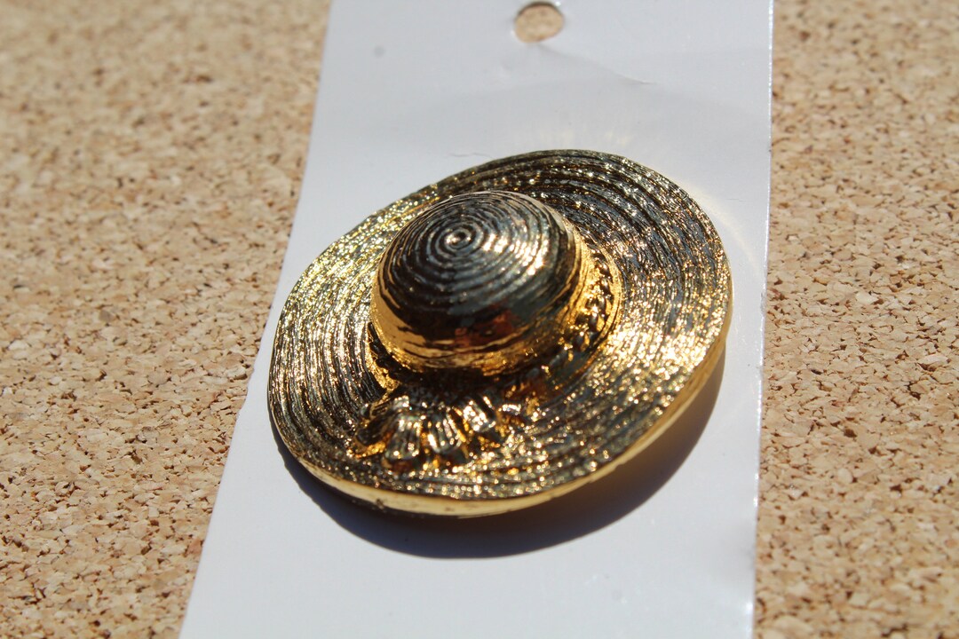 Large Gold Colored Summer Straw Hat Metal Button on Card, Novelty Purse ...