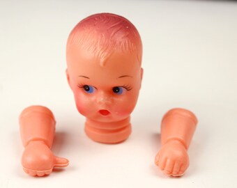 DIY Doll Head with Hands Arms, 2 1/2" tall, Halloween Body Parts, Plastic Rubber