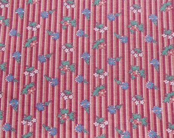 Vintage Petite Blue Green Floral Print with Pink Stripes Border Cotton Fabric, Soft Lightweight Sewing Material for Blouse, Skirt